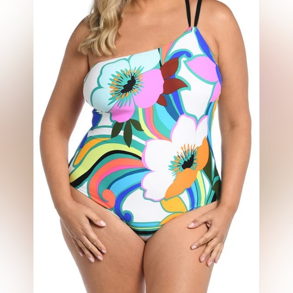 La Blanca Suncatcher One-Shoulder Lace-Up Back One-Piece Floral Multi Size 6 - Picture 4 of 13